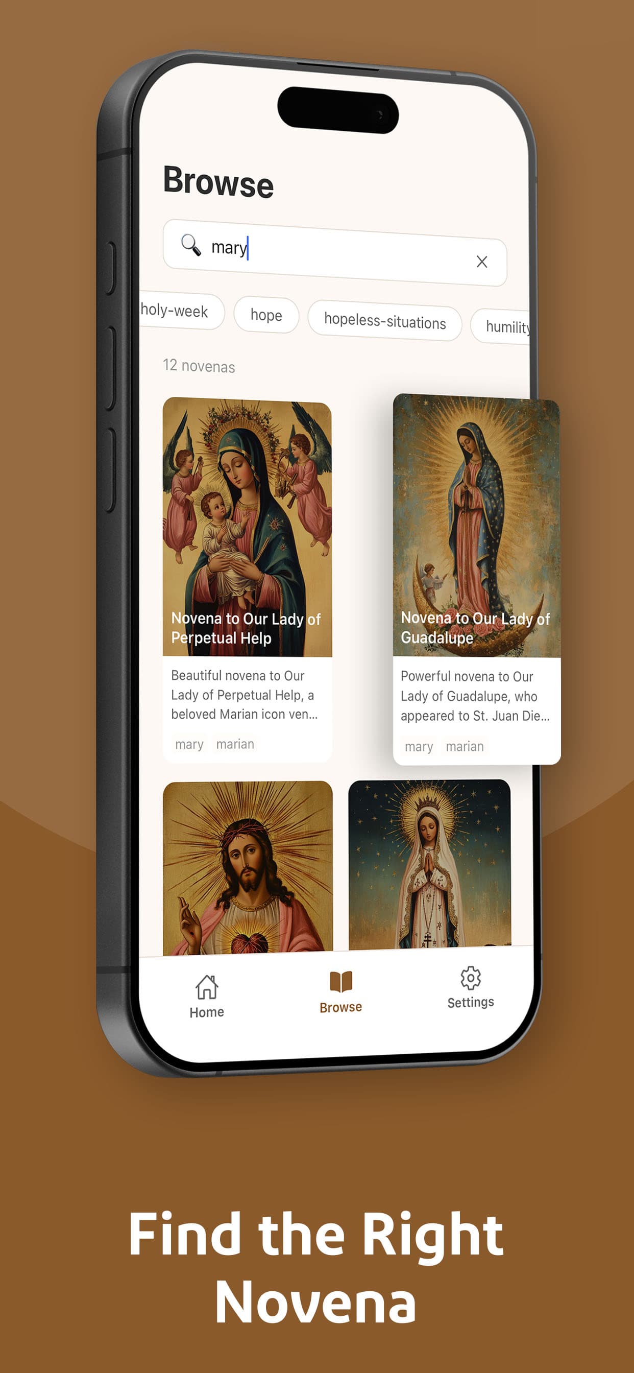 Novenas app browse screen with a collection of Catholic novenas