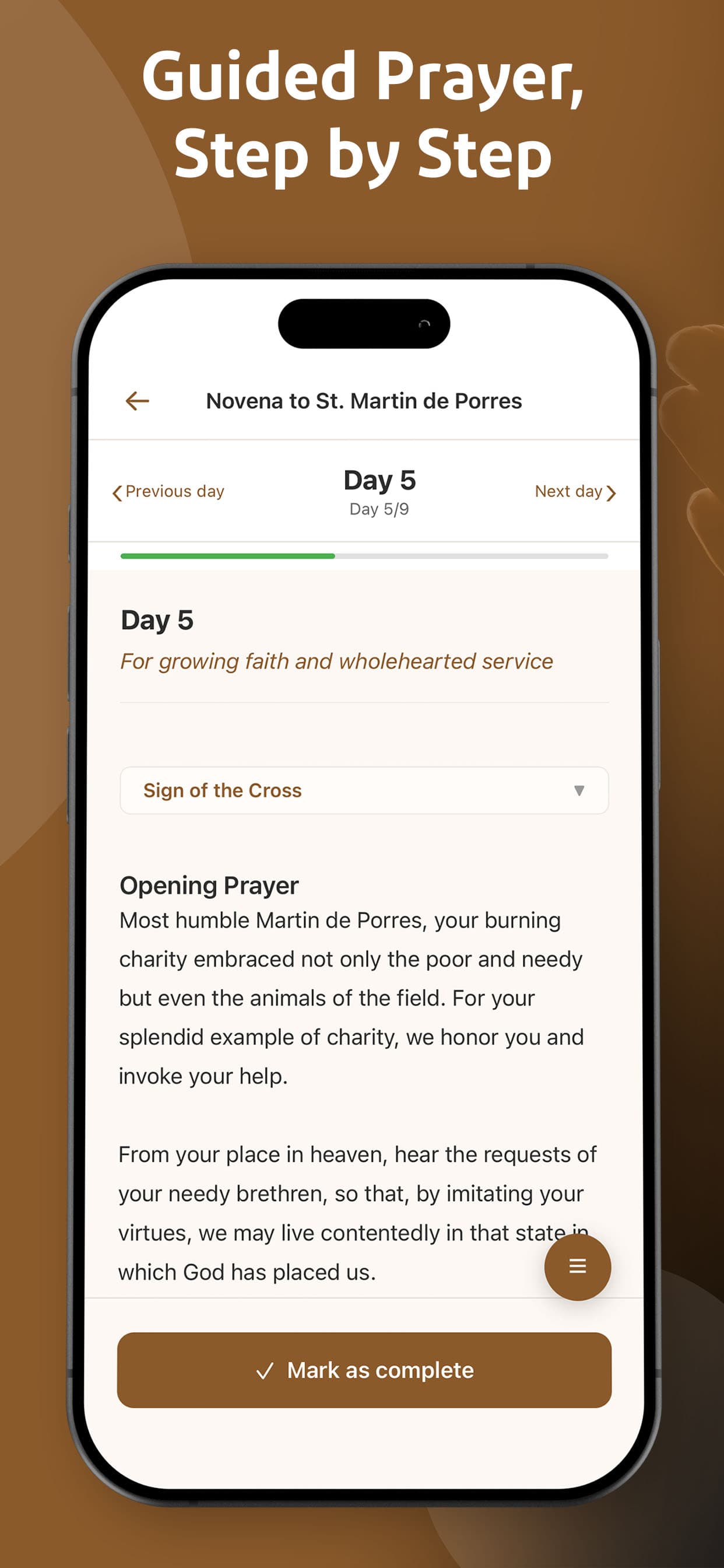 Novenas app showing a guided daily prayer